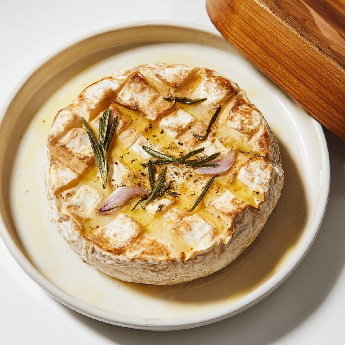 A close-up of melted, decadent baked cheese, perfect for dipping with slices of crusty baguette.