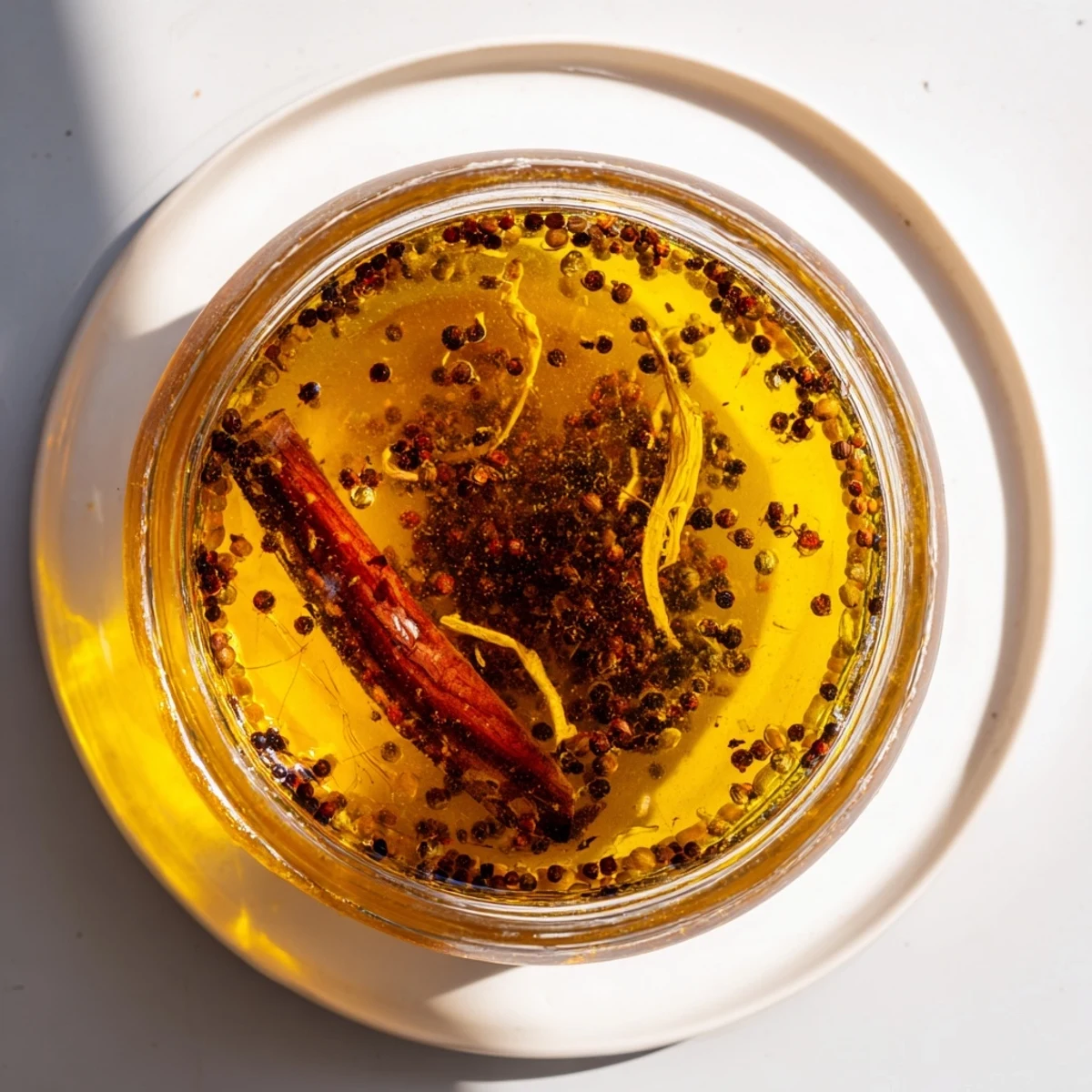 Golden-hued Spiced Oil simmering in a pan, infused with garlic and chilies, ready for drizzling.
