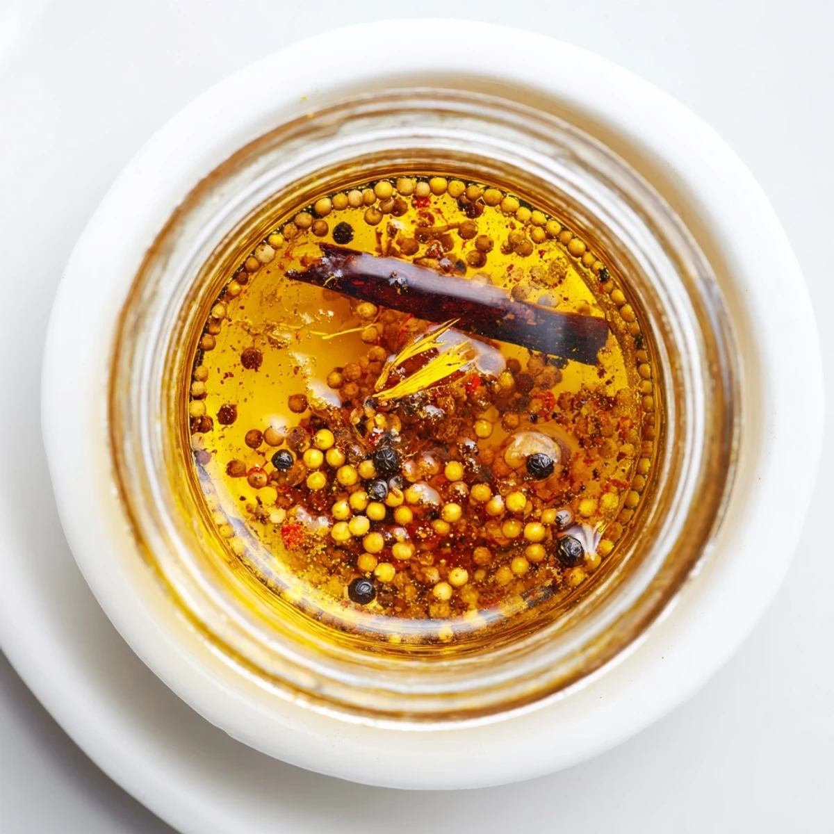 Homemade Spiced Oil in a clear glass bottle, richly flavored and perfect for dipping crusty bread.