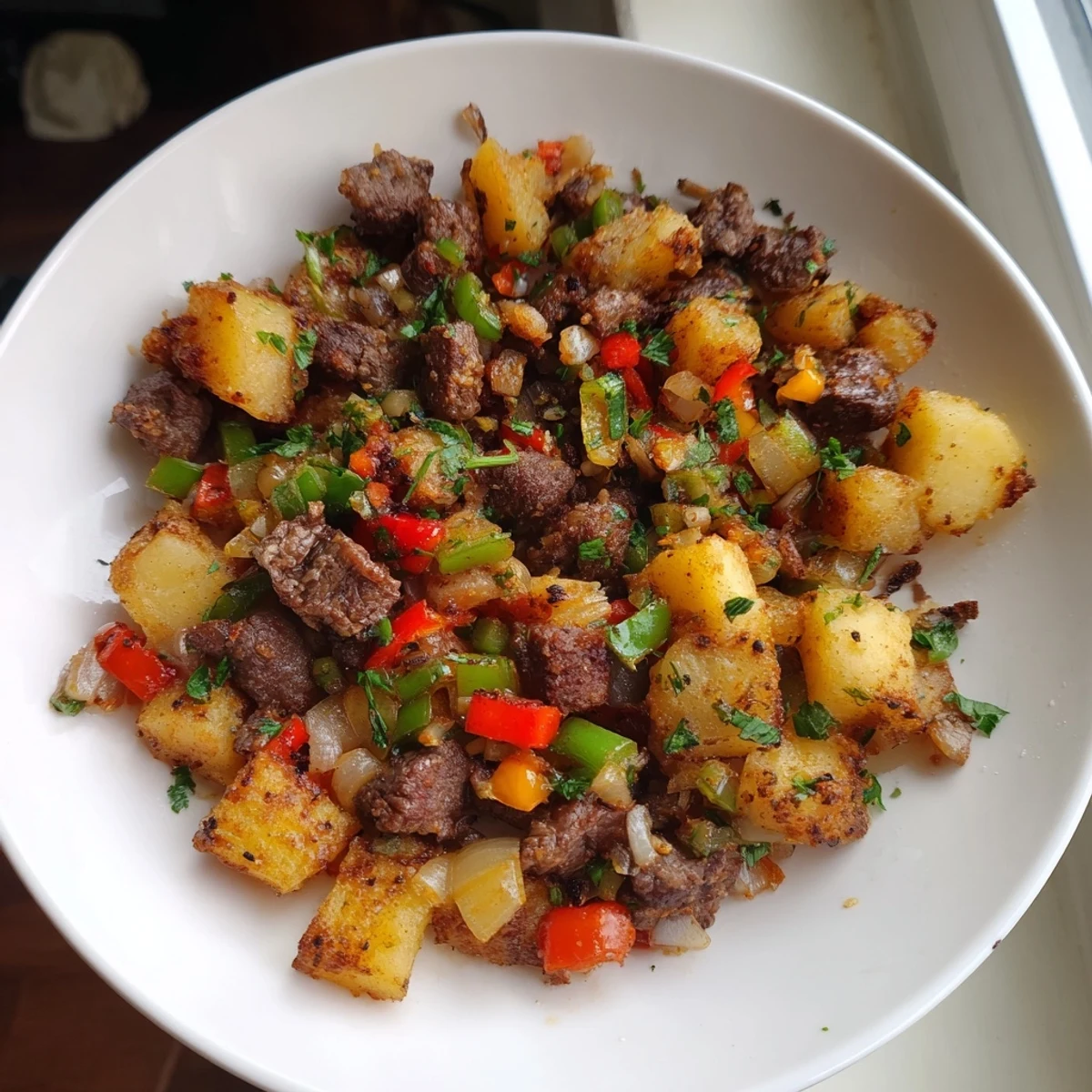 Golden, crispy Beef Hash with tender beef and vegetables, ready for a comforting dinner.