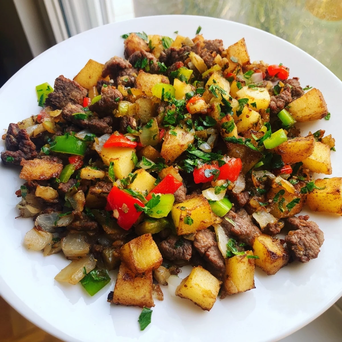 A steaming skillet of savory Beef Hash, with diced beef and browned potatoes, perfect breakfast.
