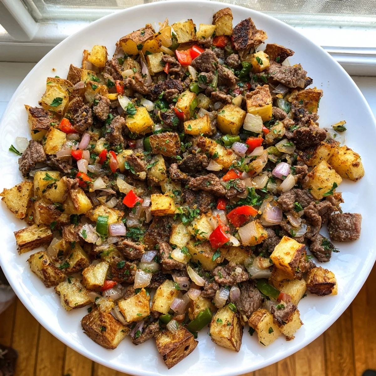 Hearty Beef Hash with a sprinkle of fresh parsley, offering a flavorful and balanced meal.