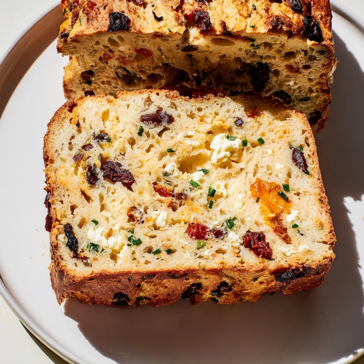 Golden-brown slices of savory bread, studded with cheese, ready to be enjoyed as an appetizer.