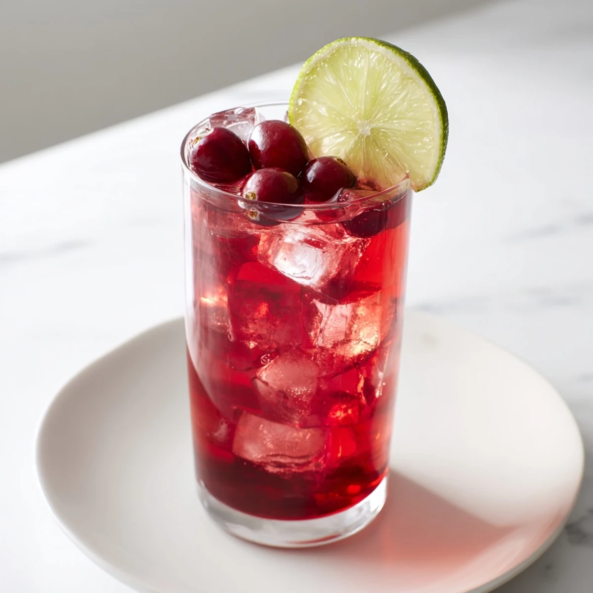 A cold, beautiful cranberry cocktail, showcasing the lovely red color, ready to enjoy anytime.