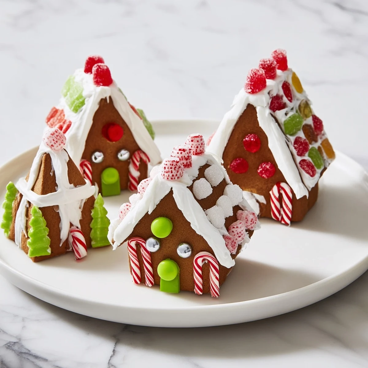 Festive display: a charming gingerbread village with colorful candy decorations, ready to eat.