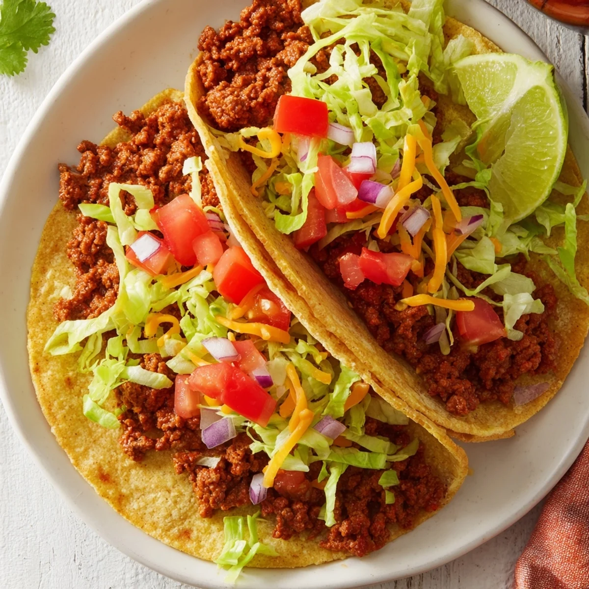 Delicious beef tacos, perfectly seasoned, served with fresh toppings, ready on a plate.