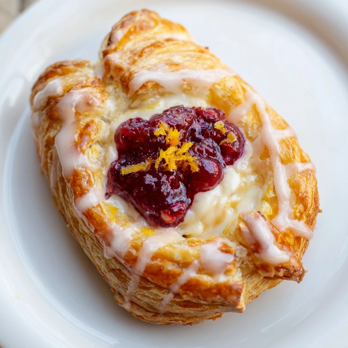 Freshly baked Cranberry Cream Cheese Danish, glistening with glaze and bursting with sweet-tart flavors.