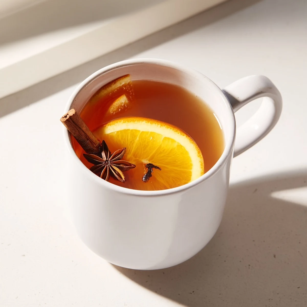 Rich, dark Spiced Hot Apple Cider, the perfect fall beverage, bubbling gently in a pot with spices.