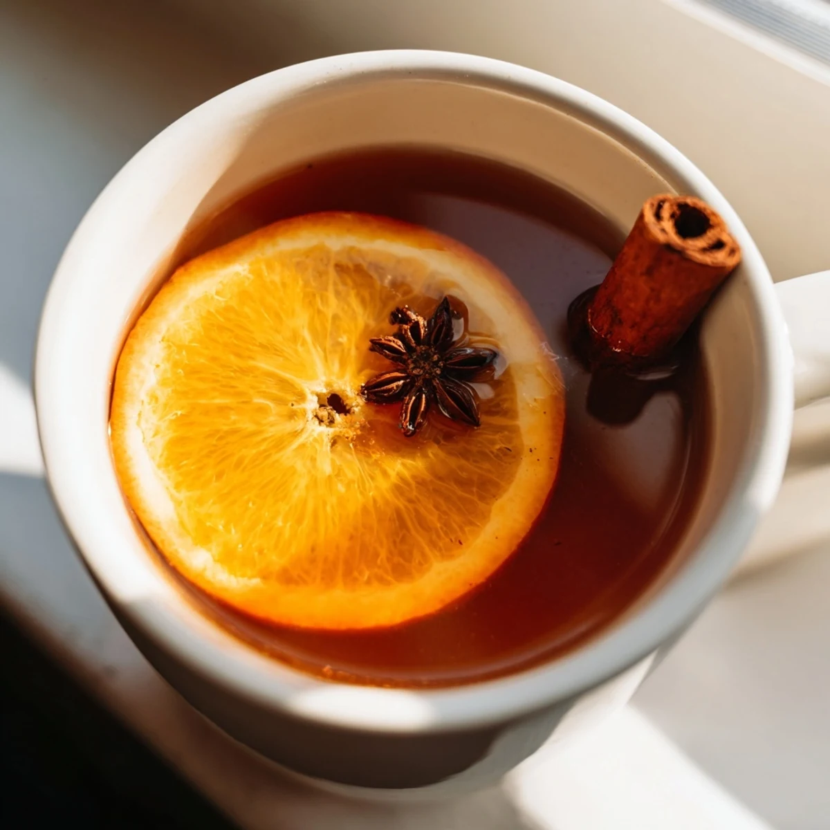 Golden-hued Spiced Hot Apple Cider, garnished with orange slices and cinnamon, invites a cozy sip.