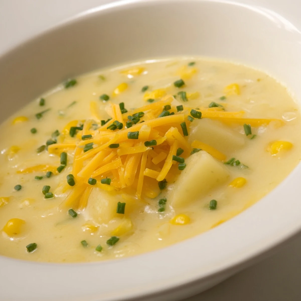 Golden, chunky Creamy Corn Chowder with Potatoes, perfect for a cozy, comforting lunch or dinner.