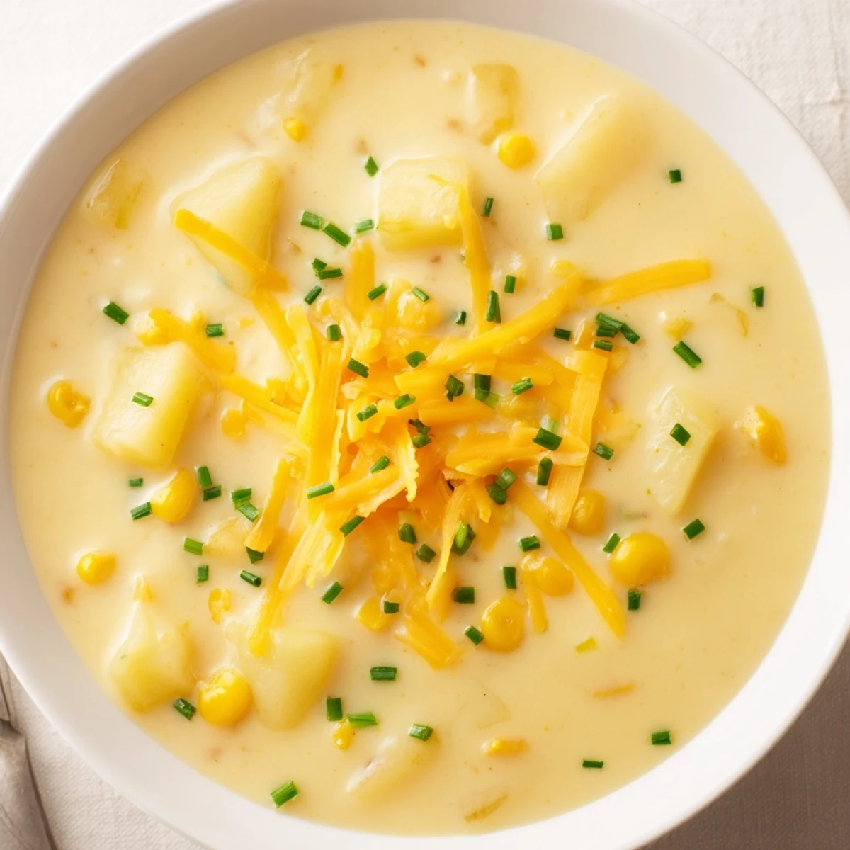 A steaming bowl of Creamy Corn Chowder with Potatoes, garnished with fresh chives and cheese.