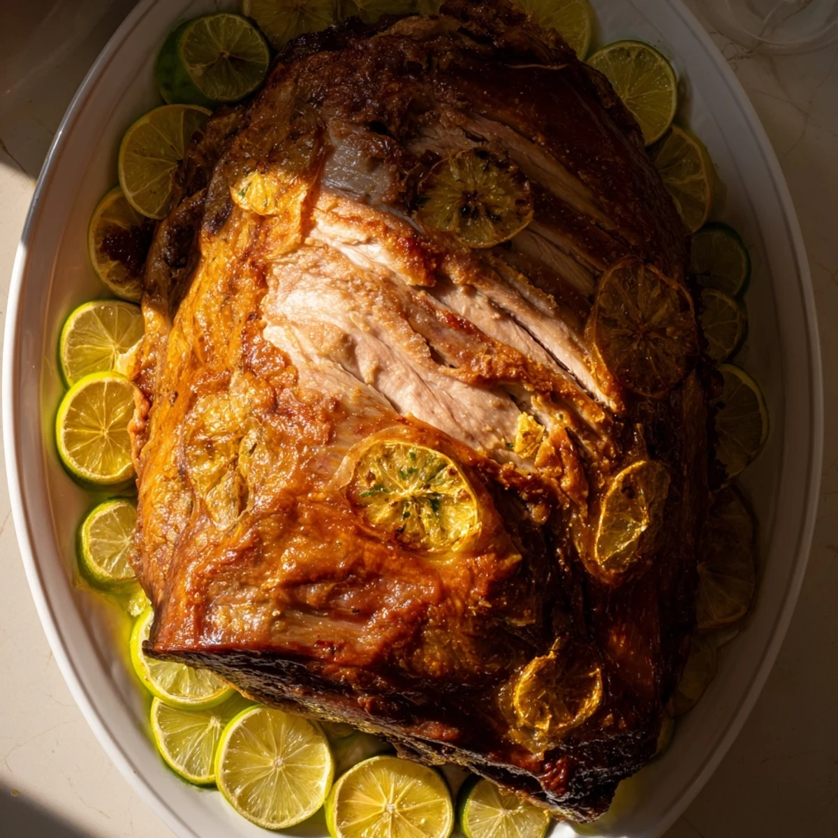 Golden-brown Lemon Herb Roasted Turkey Breast, juicy and flavorful, ready for slicing and enjoying.
