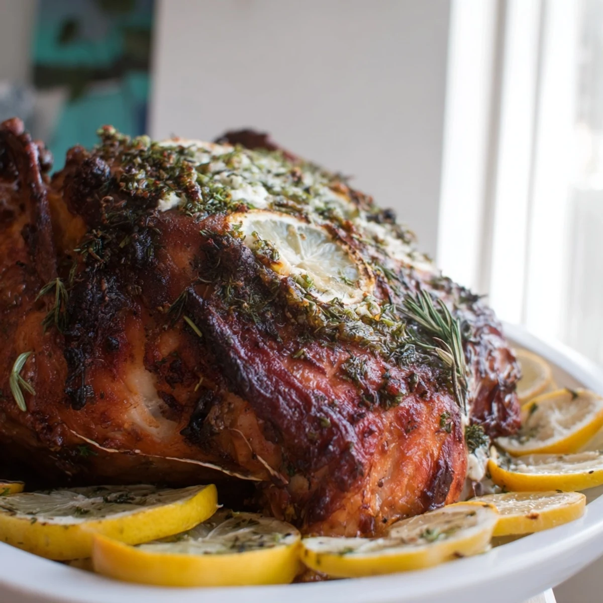 Image of a beautifully roasted Lemon Herb Turkey Breast surrounded by lemon slices, perfectly cooked.