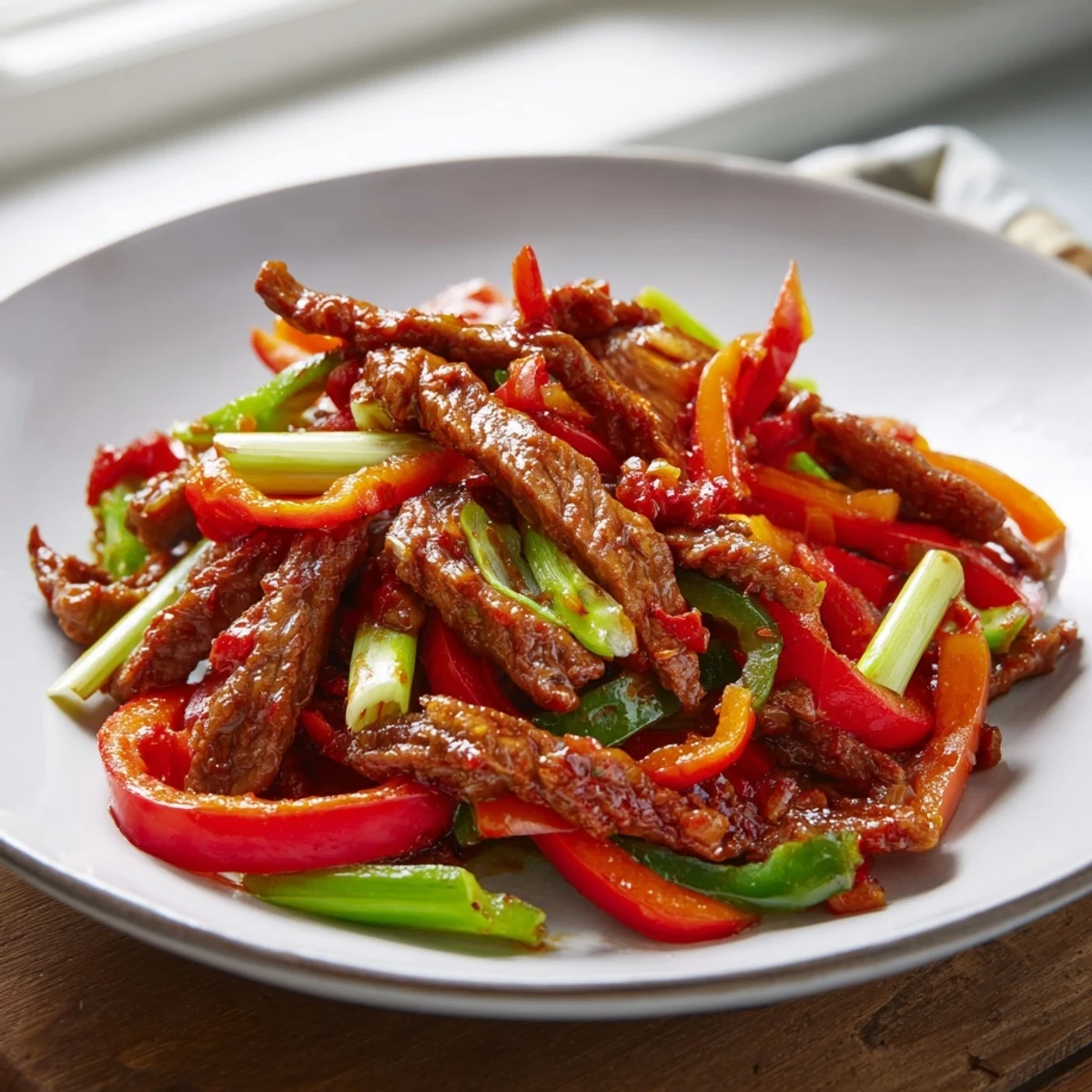 Sizzling Spicy Szechuan Beef Stir Fry featuring tender beef and colorful crispy vegetables in a rich sauce.