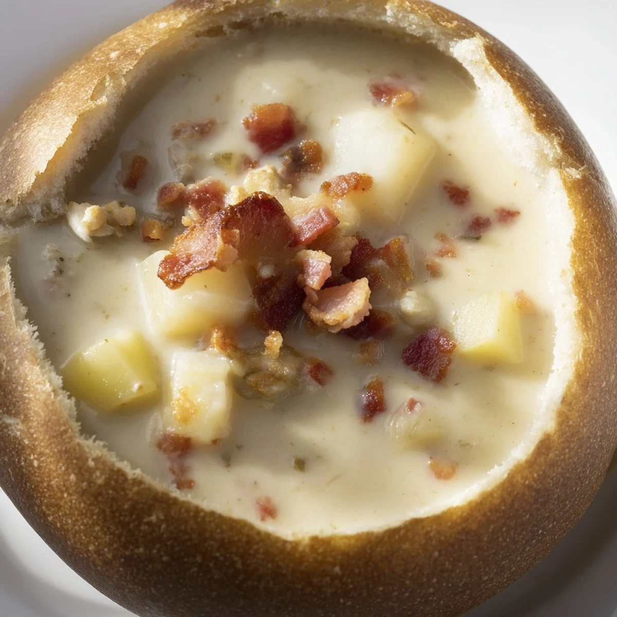 A warm bread bowl overflows with creamy clam chowder, a classic American seafood soup.