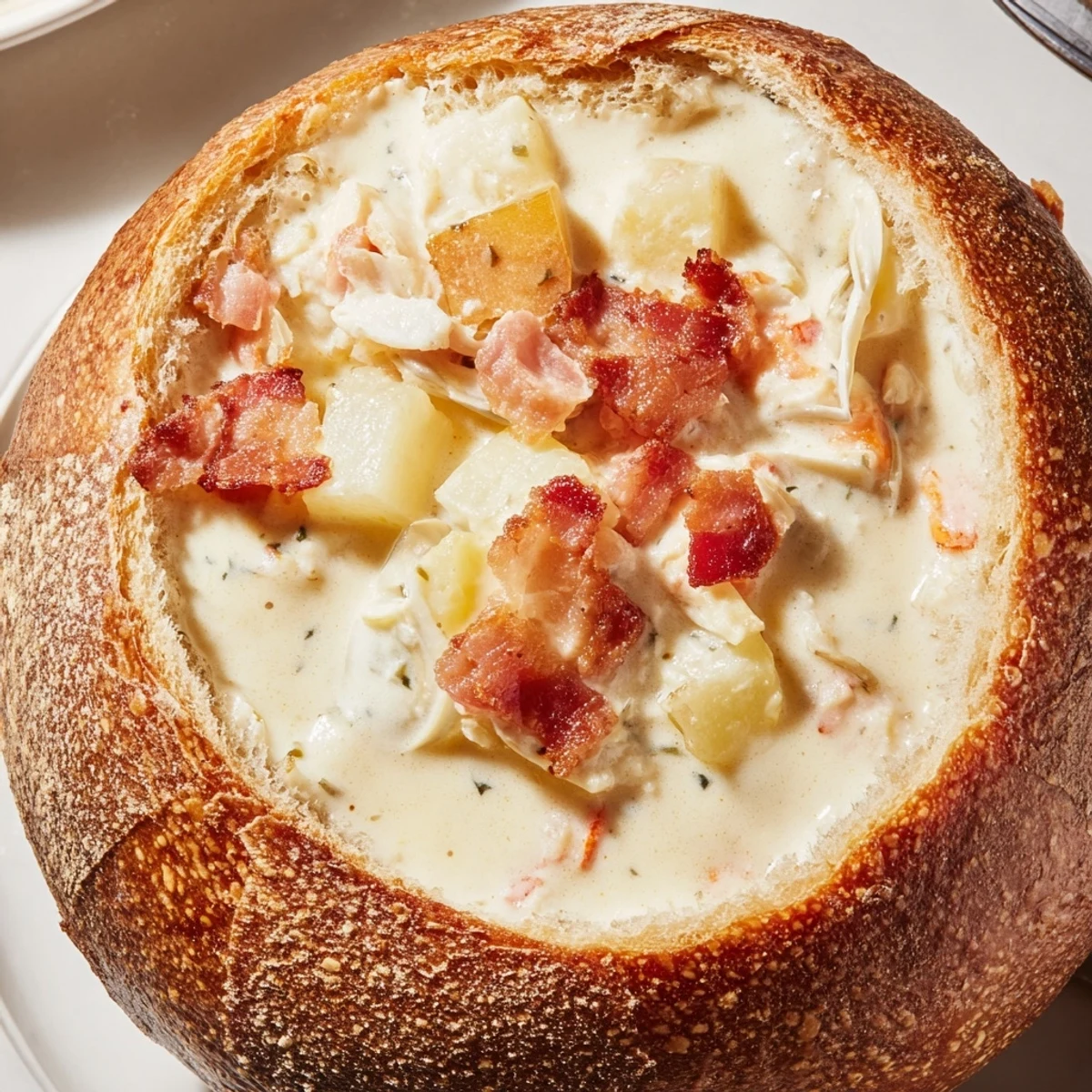 Imagine the rich aroma of savory creamy clam chowder served right in a crusty bread bowl.
