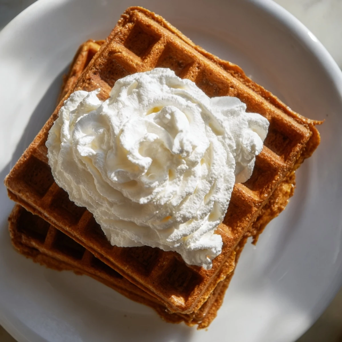 Fluffy gingerbread waffles, drizzled with whipped cream, ready for a delicious breakfast feast.