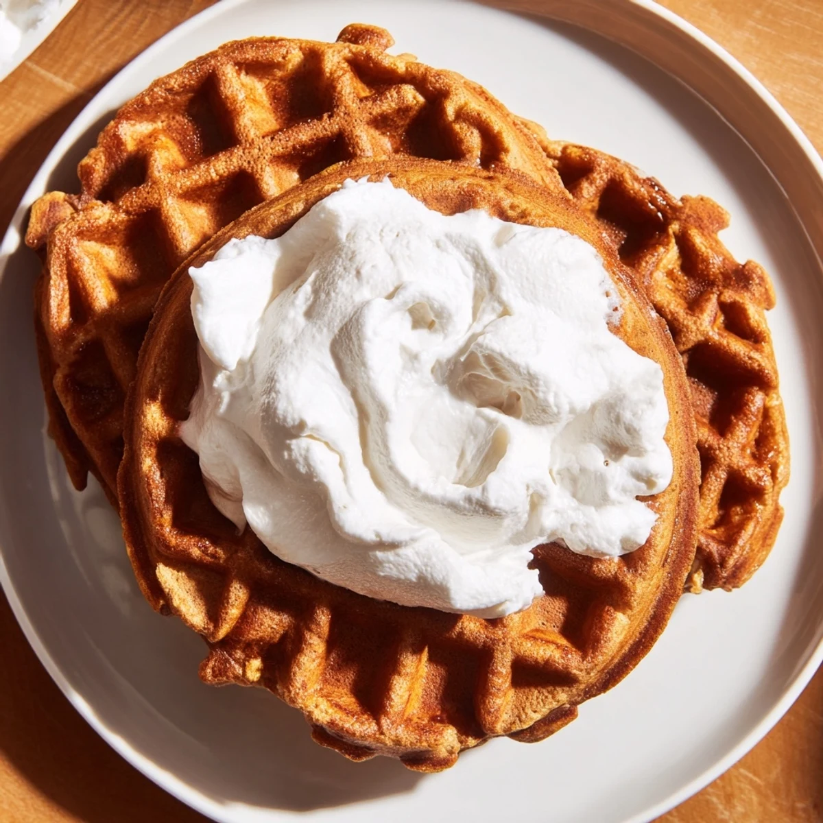 Warm, golden gingerbread waffles with billowy whipped cream, offering a comforting aroma.