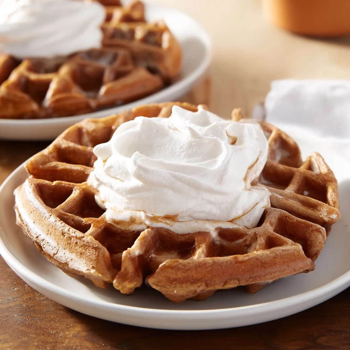 Homemade gingerbread waffles stacked high, beautifully contrasted with dollops of fresh, sweet whipped cream.