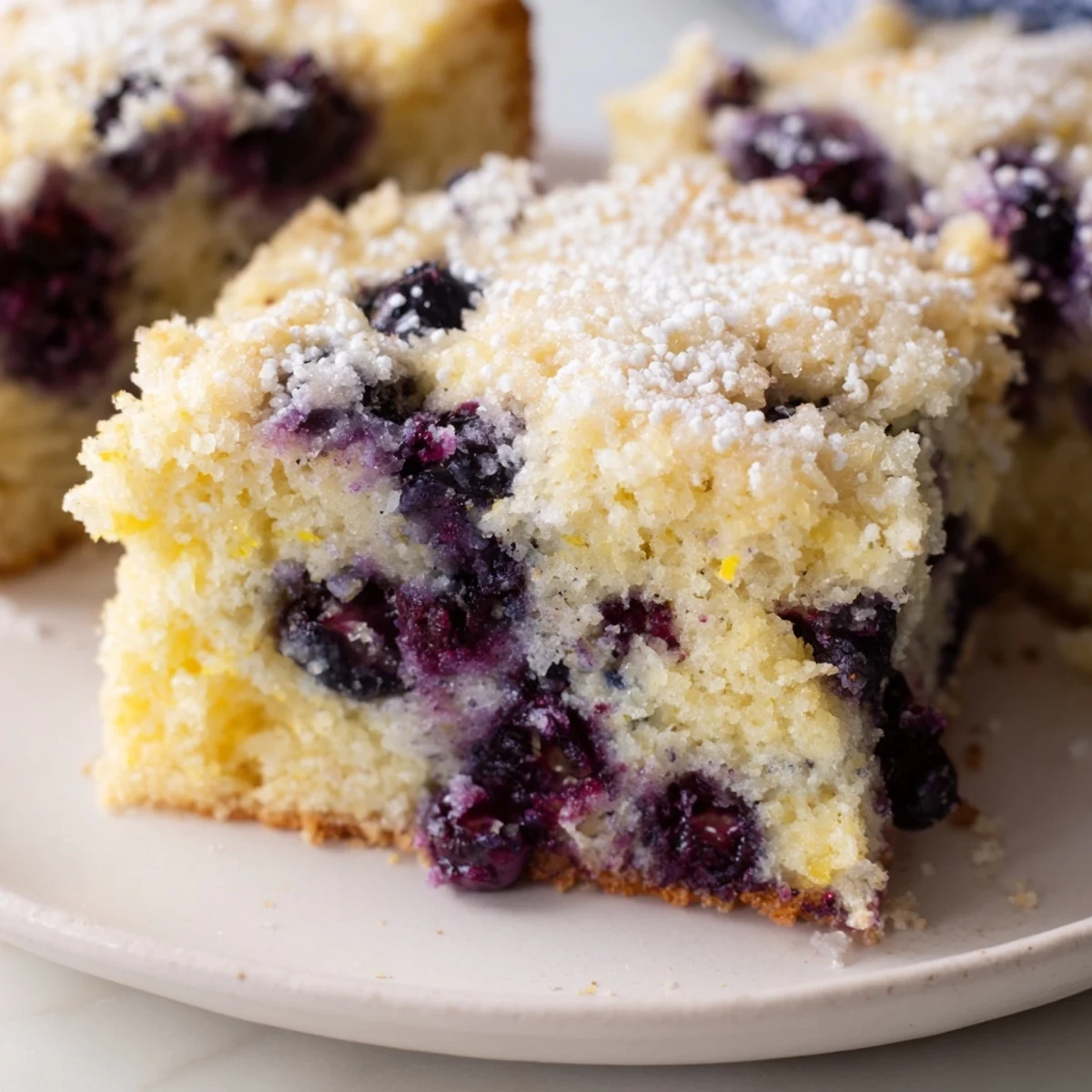 Fluffy Lemon Blueberry Breakfast Cake, golden brown with juicy blueberries, ready to slice and serve.