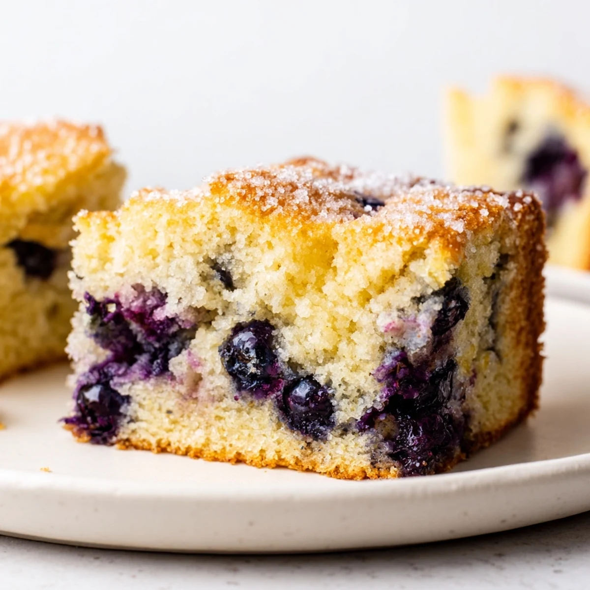 Close-up of a warm slice of Lemon Blueberry Breakfast Cake with vibrant blueberry bursts and coarse sugar.