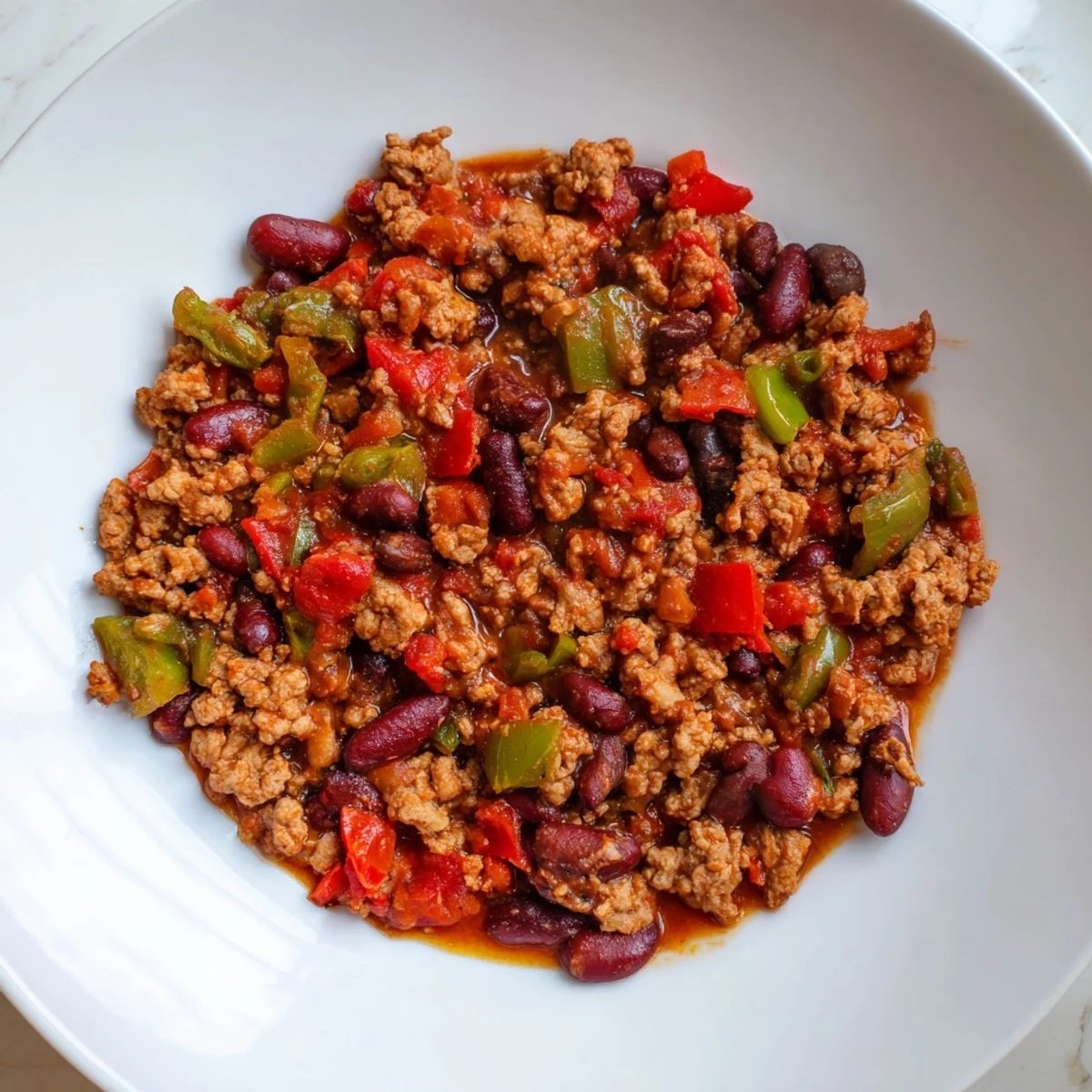 Rich, dark-red Slow Cooked Turkey Chili, a slow cooker classic, with vibrant colors from peppers.