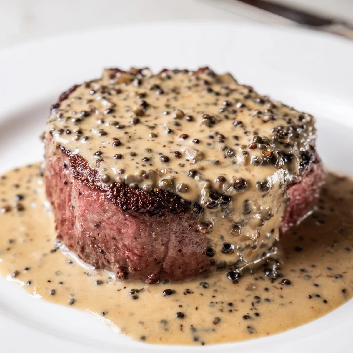 Seared beef tenderloin steaks in a rich peppercorn sauce, perfect for a romantic dinner.