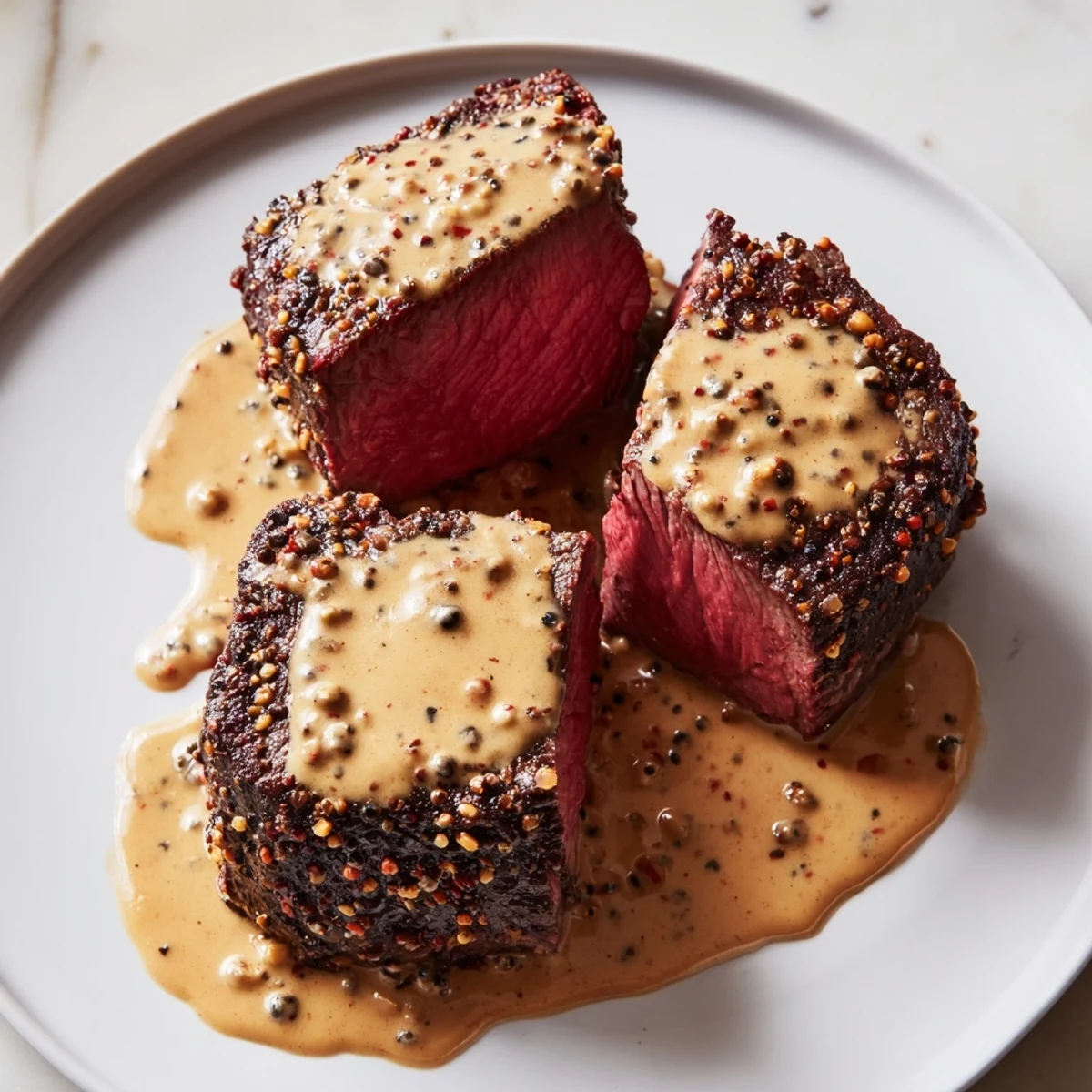 A close-up of a juicy beef tenderloin, beautifully coated in creamy peppercorn sauce.