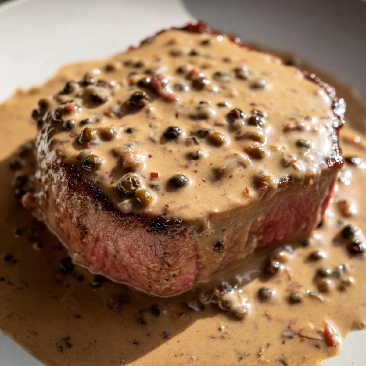 Delicious beef tenderloin with peppercorn sauce, garnished and ready to be served.
