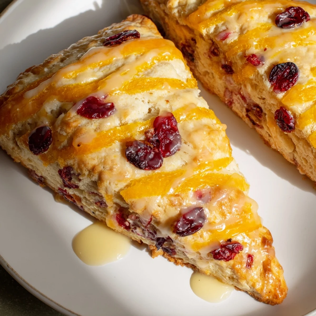 Warm, freshly baked Cranberry Orange Scones with a glistening citrus glaze, a delightful breakfast.