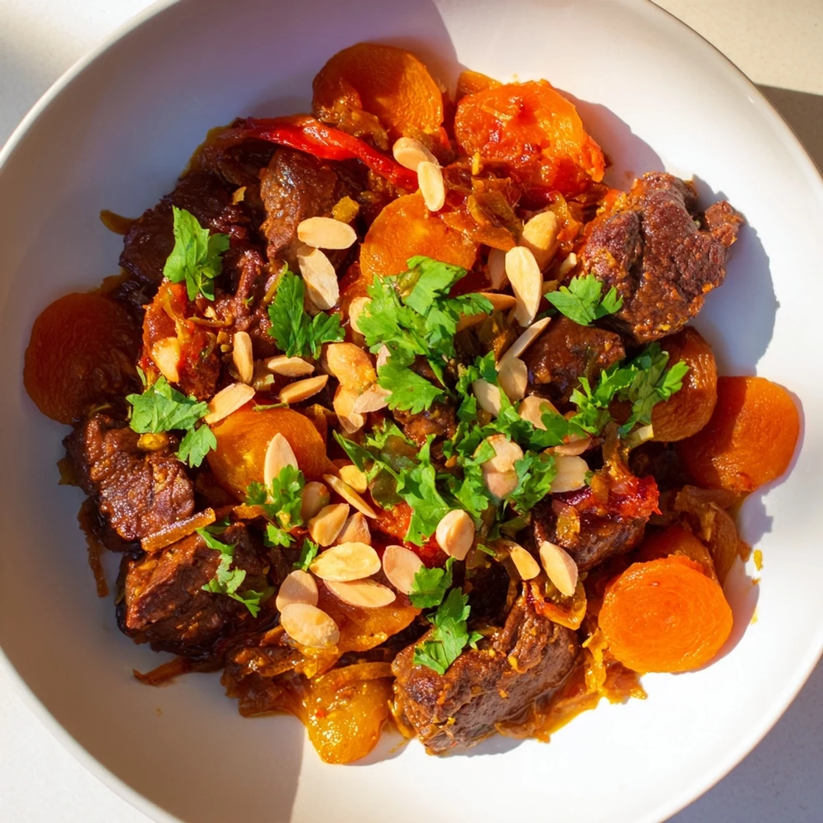 Savory Lamb Tagine with apricots, golden broth, tender lamb and toasted almonds ready to be served.
