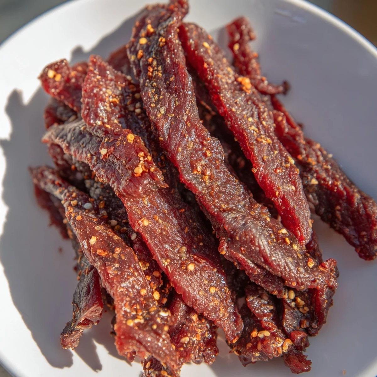 Visualize the dark, chewy texture of this flavorful Homemade Beef Jerky, perfect for hiking or snacking.