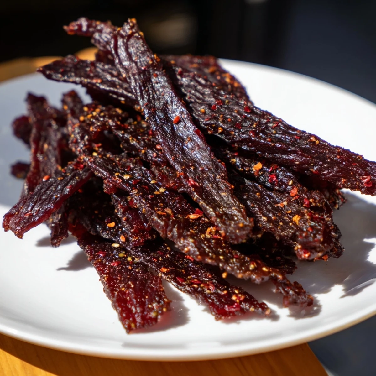 Homemade Beef Jerky strips, dark and enticing, arranged for a satisfying protein-rich snack.