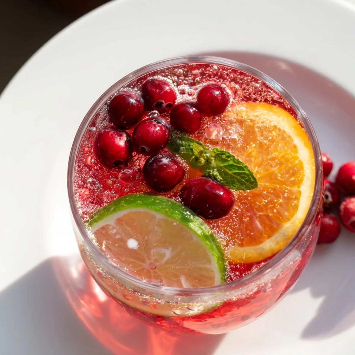 Cool and refreshing Cranberry Juice Sparkler, perfect for a non-alcoholic holiday drink.