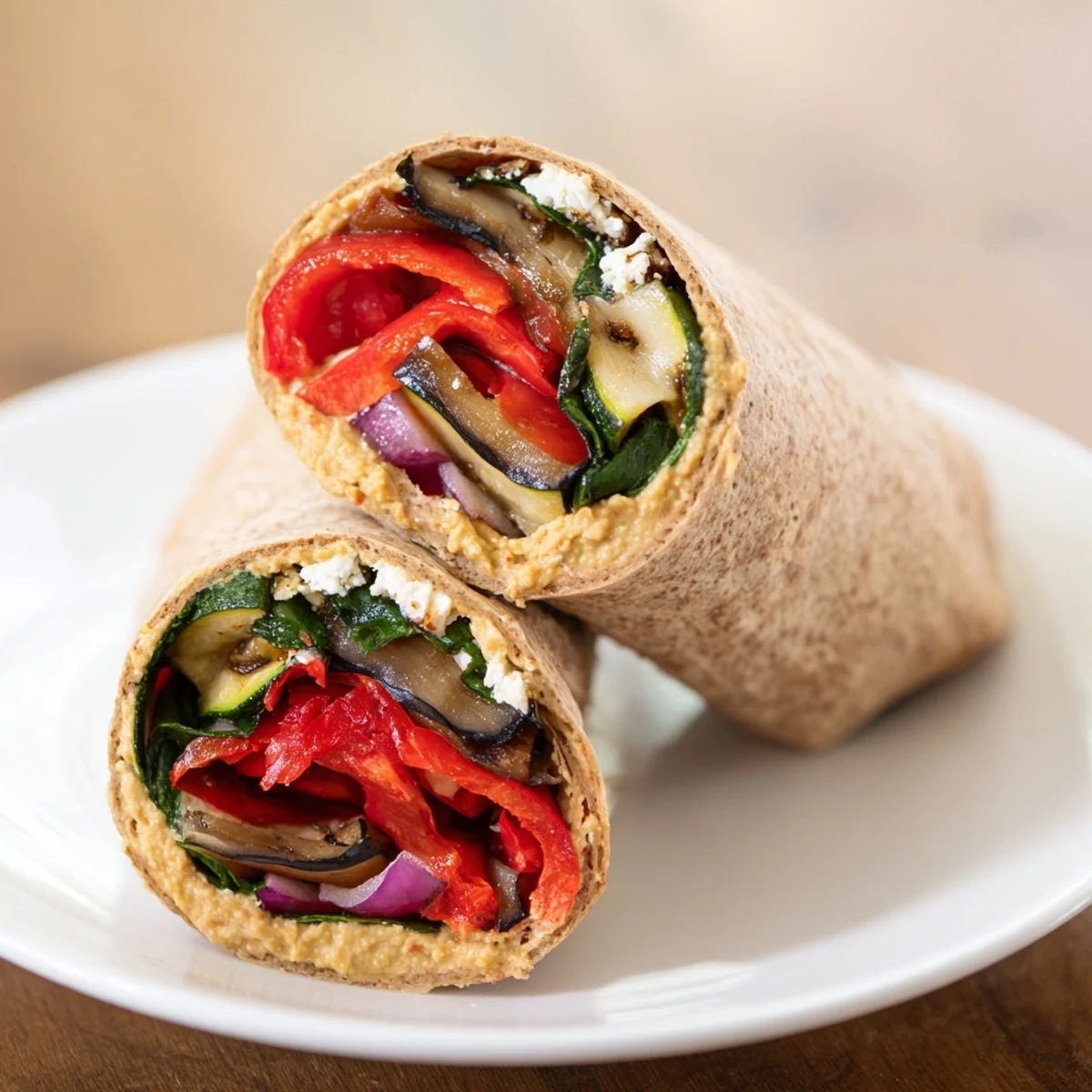 Delectable roasted veggie wrap, filled with colorful, caramelized vegetables and creamy hummus, a hearty vegetarian meal.