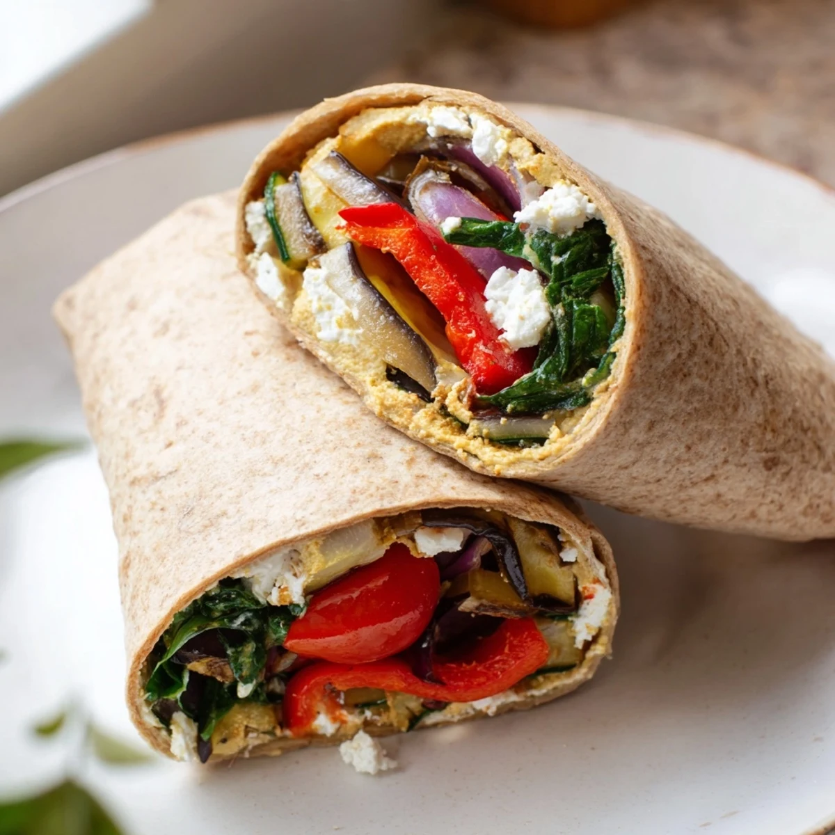 A close-up of a perfectly rolled roasted veggie wrap, showcasing tender vegetables bursting with flavor.