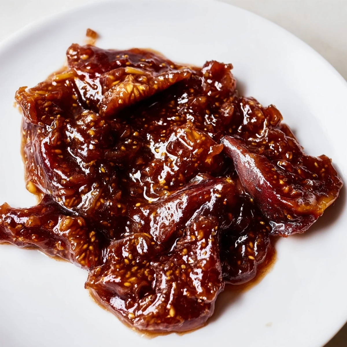 Spiced fig jam, a deep ruby red, beautifully glimmers in a glass jar, ready for serving.