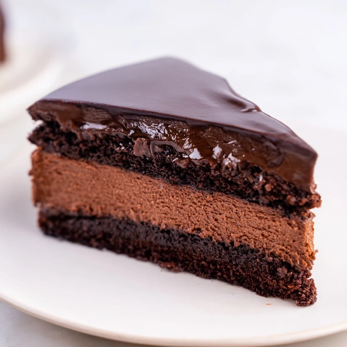 Dark chocolate mousse cake, layered with creamy mousse and ganache, ready to serve with berries.
