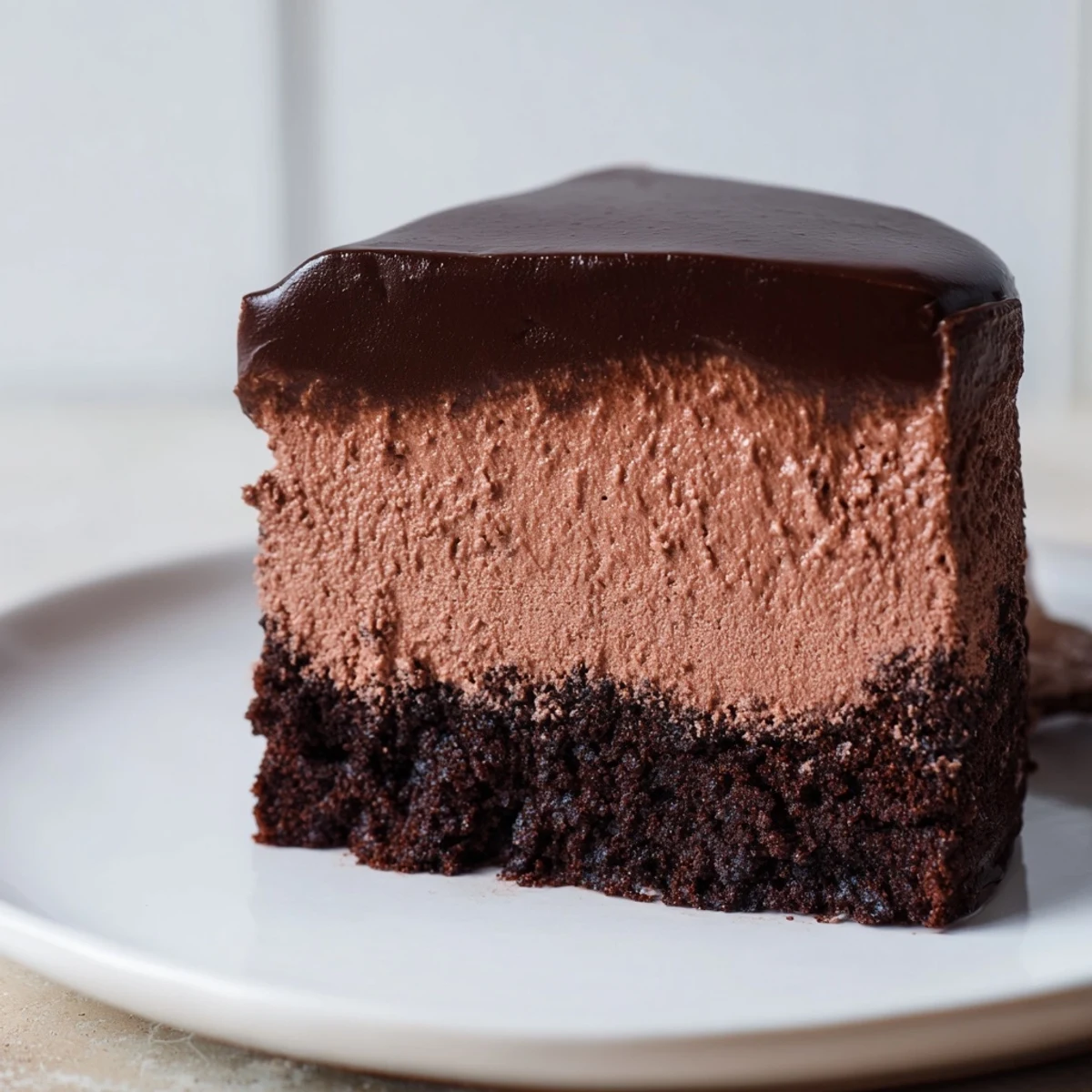 This decadent chocolate mousse cake highlights a rich, multi-layered dessert with a glossy finish.