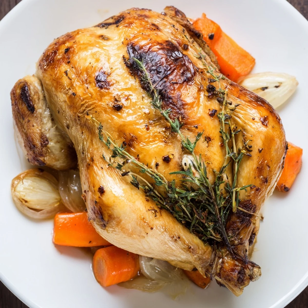 Golden brown Garlic Roast Chicken, juicy and fragrant, ready to serve with roasted vegetables.