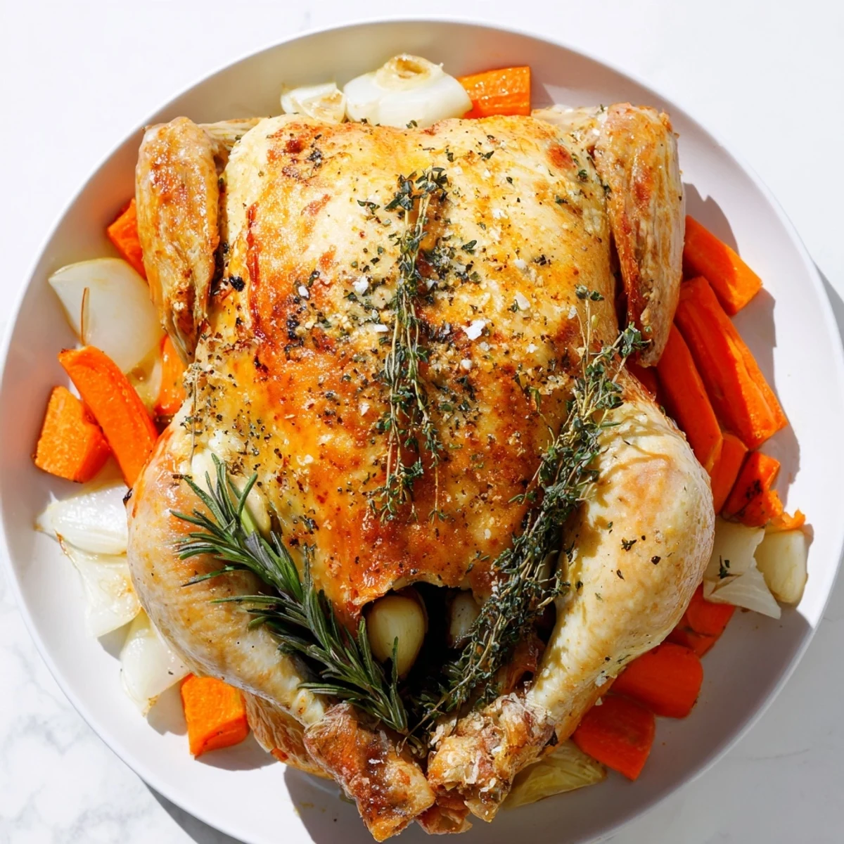 Tender Garlic Roast Chicken with crispy skin, surrounded by herbs, a classic family meal.