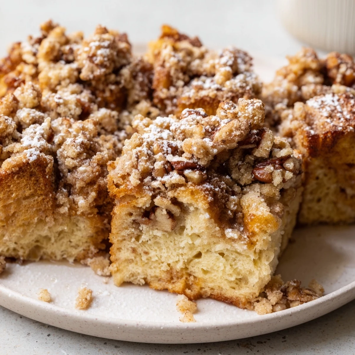 Golden Baked French Toast Casserole, topped with streusel, ready to serve with warm maple syrup.