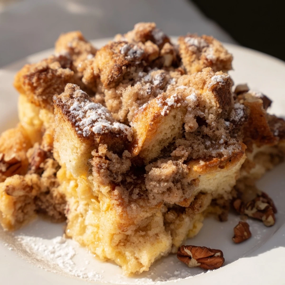 A warm, comforting image of Baked French Toast Casserole, baked to a perfect golden brown, ready to eat.