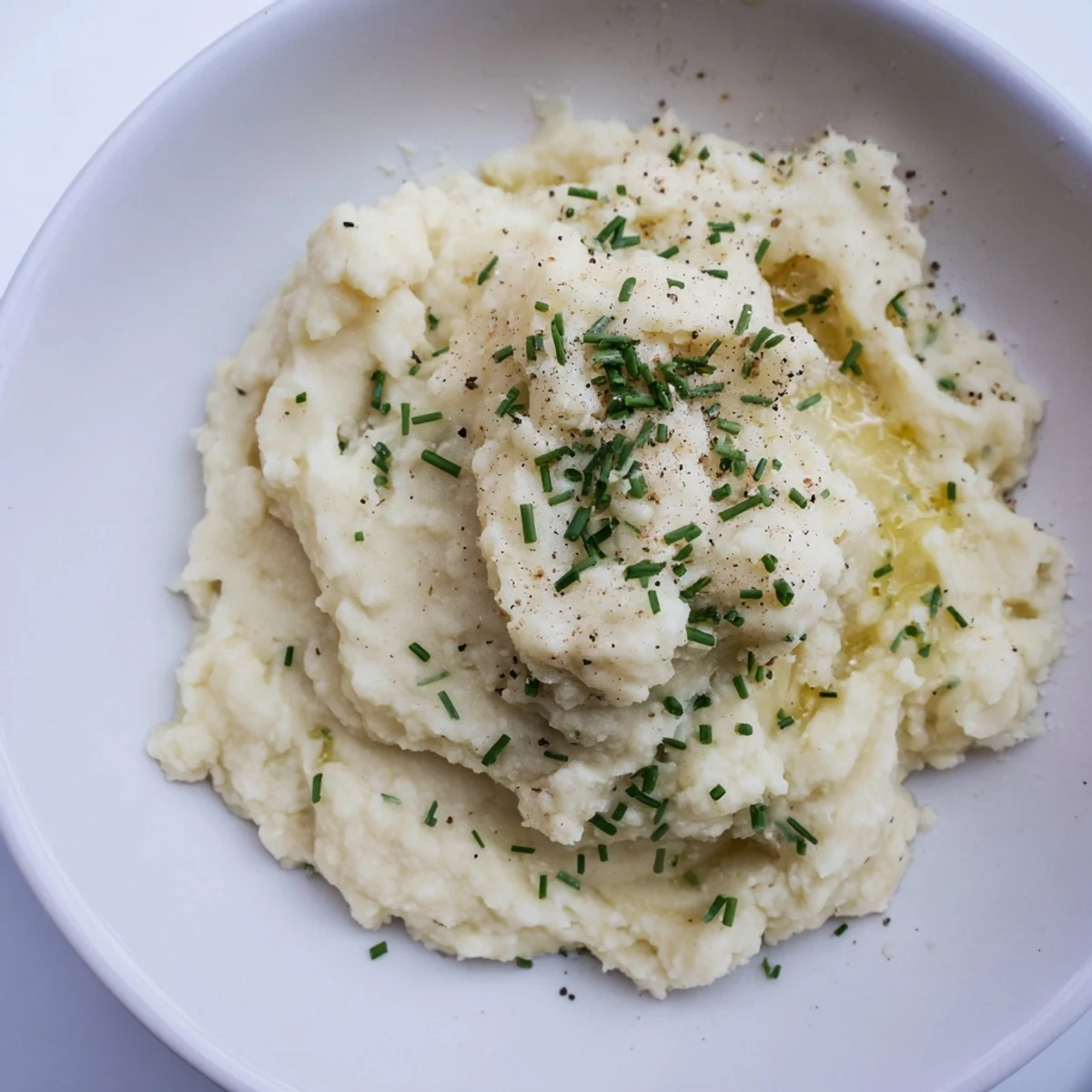 Fluffy, creamy mashed cauliflower, seasoned with Parmesan, ready to serve as a side.