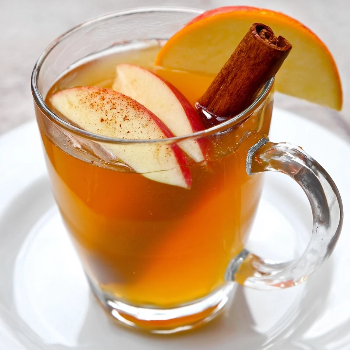 Homemade hot apple cider, rich and flavorful, garnished with apple slices and a cinnamon stick.