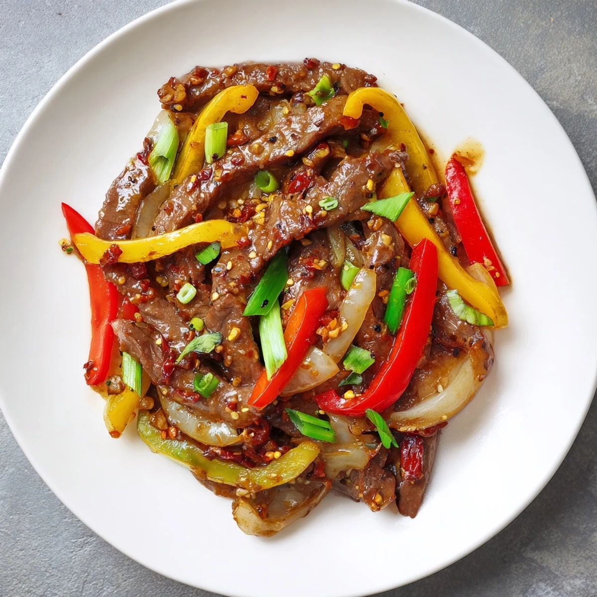 Tender Szechuan Beef stir-fry, vibrant with peppers and onions, coated in a glossy, fiery sauce.