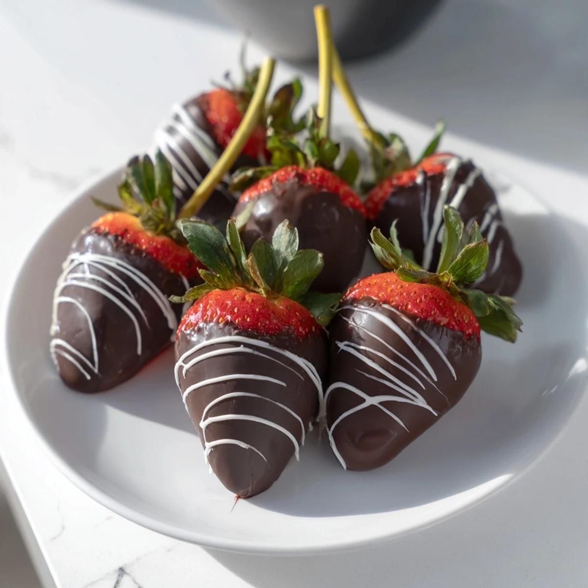Fresh, glossy chocolate strawberries, a decadent dessert, beautifully presented and ready to enjoy.