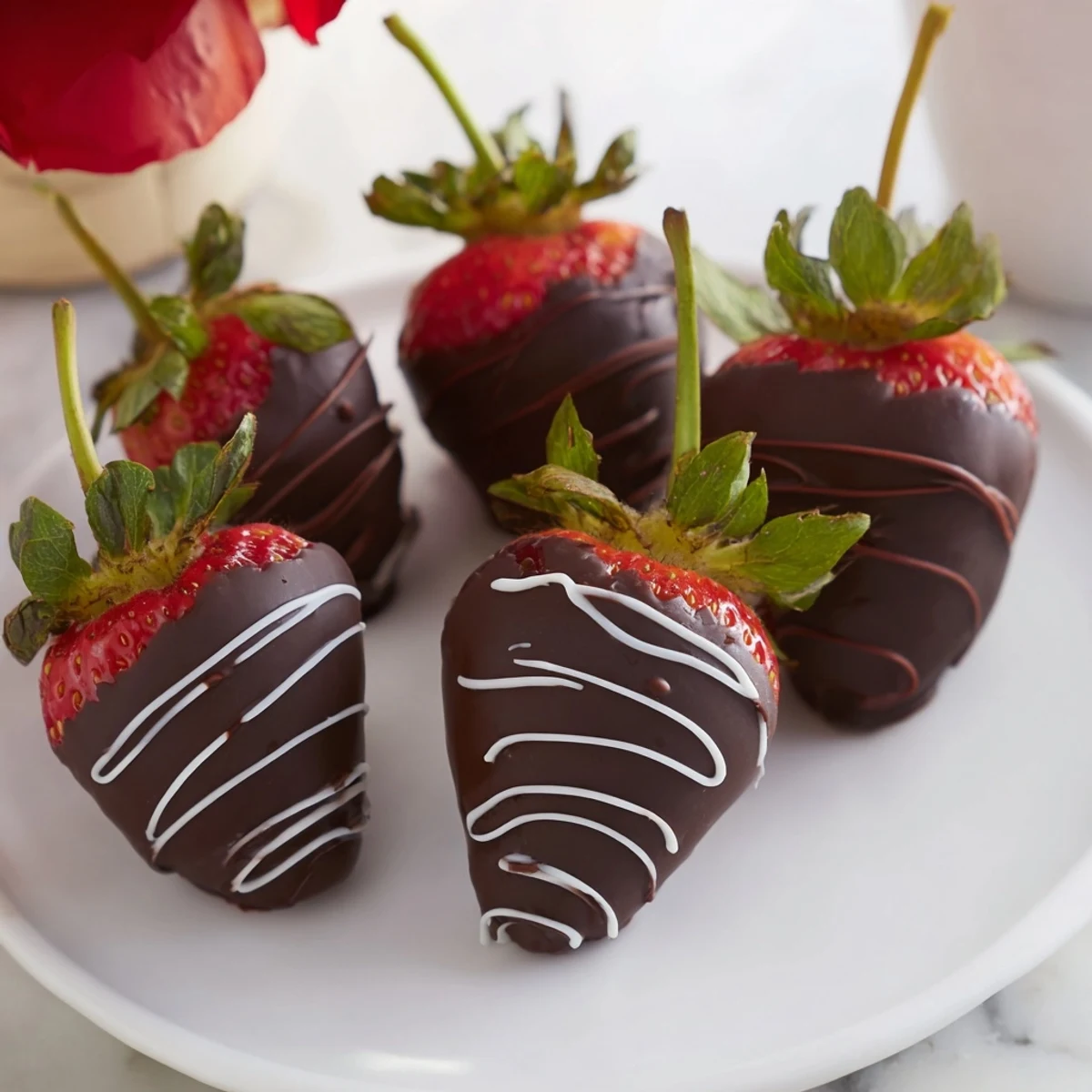 Perfectly dipped chocolate strawberries, with a shiny chocolate coating, waiting for a delicious bite.