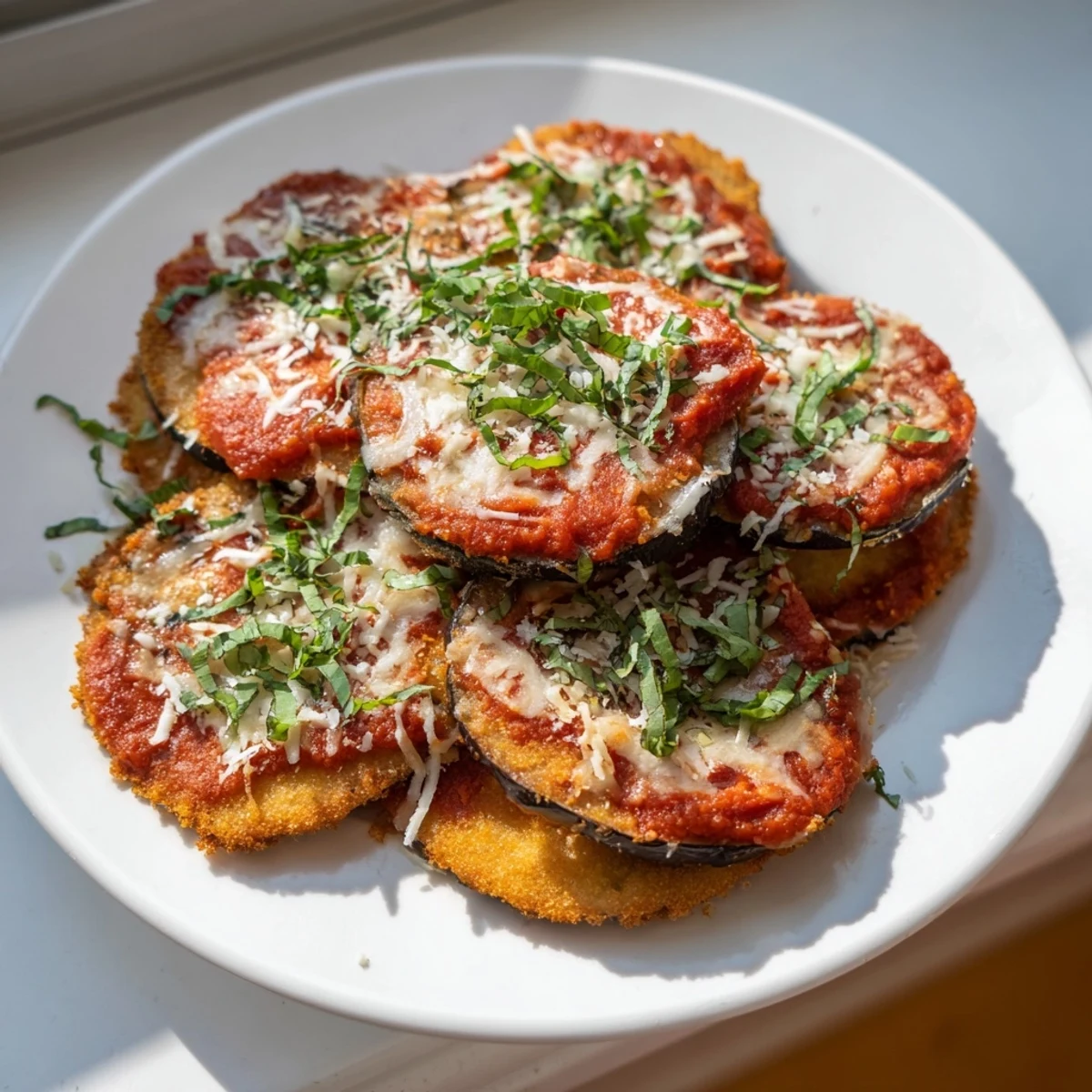 A close-up of Eggplant Parmesan showcases crispy eggplant slices baked in a rich red sauce.