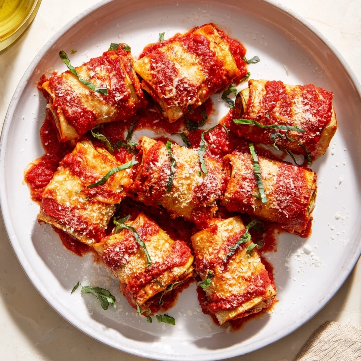 Fresh basil garnish atop warm Eggplant Parmesan; a classic and comforting Italian-American dish.